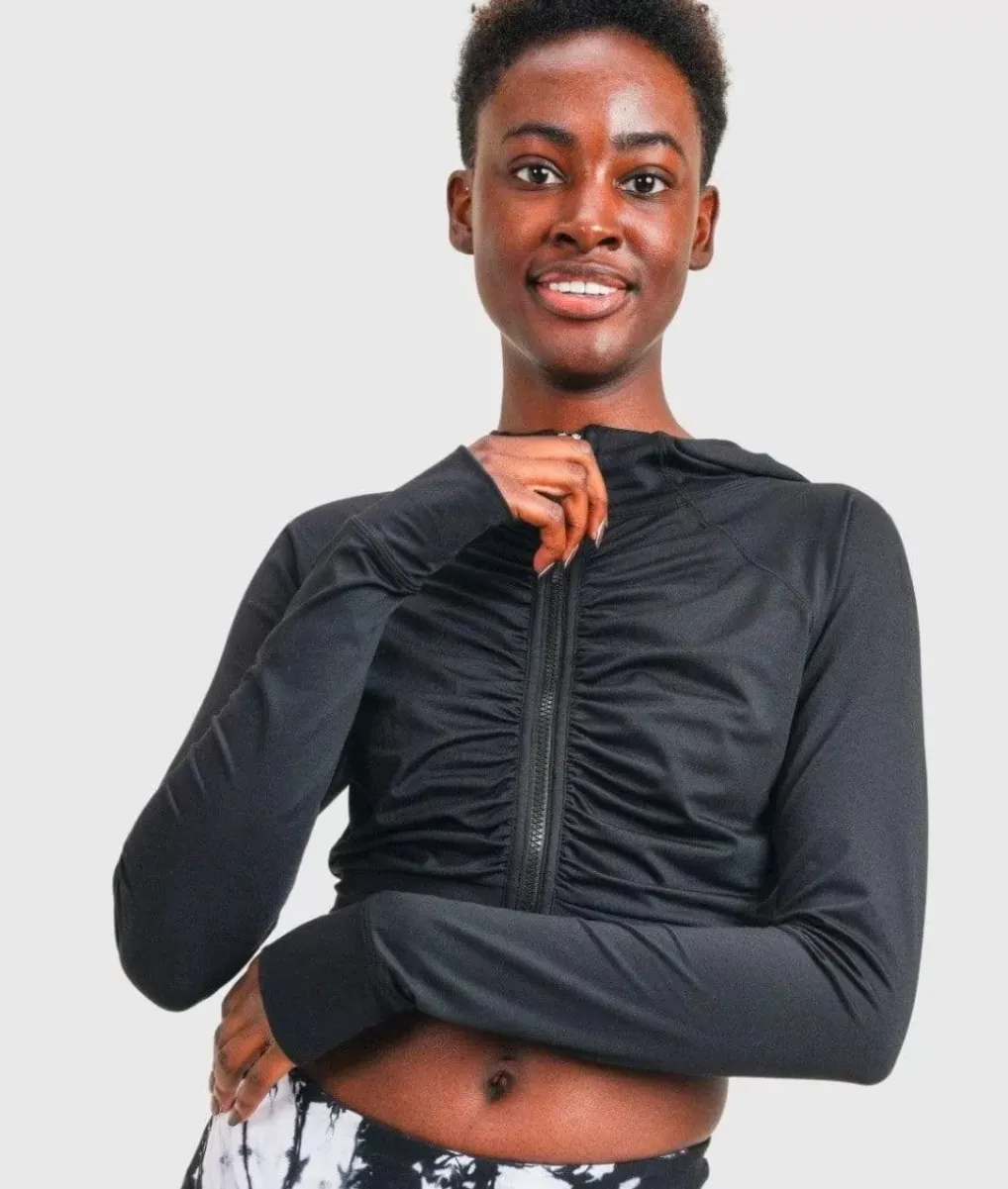 Hot Nayked Apparel Ruched Front Cropped Hoodie Jacket/Discontinued Black