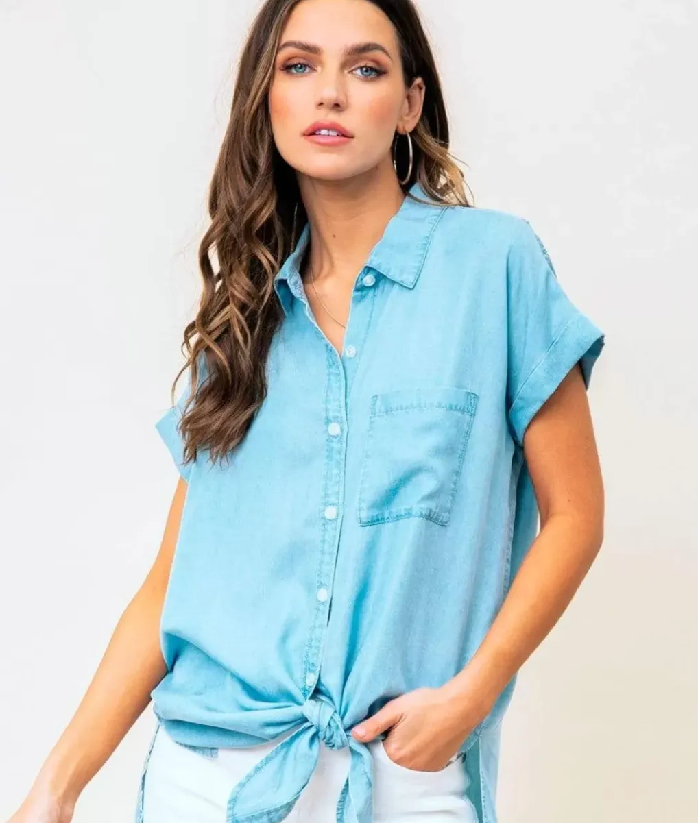 Fashion Nayked Apparel Women'S Tie Front Tencel Shirt/Discontinued Blue