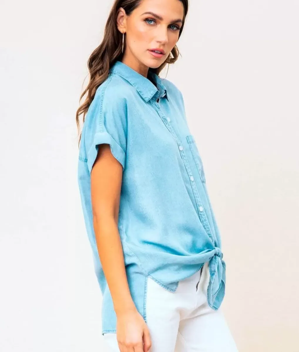 Fashion Nayked Apparel Women'S Tie Front Tencel Shirt/Discontinued Blue