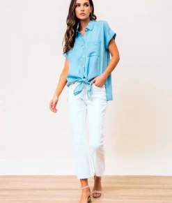 Fashion Nayked Apparel Women'S Tie Front Tencel Shirt/Discontinued Blue